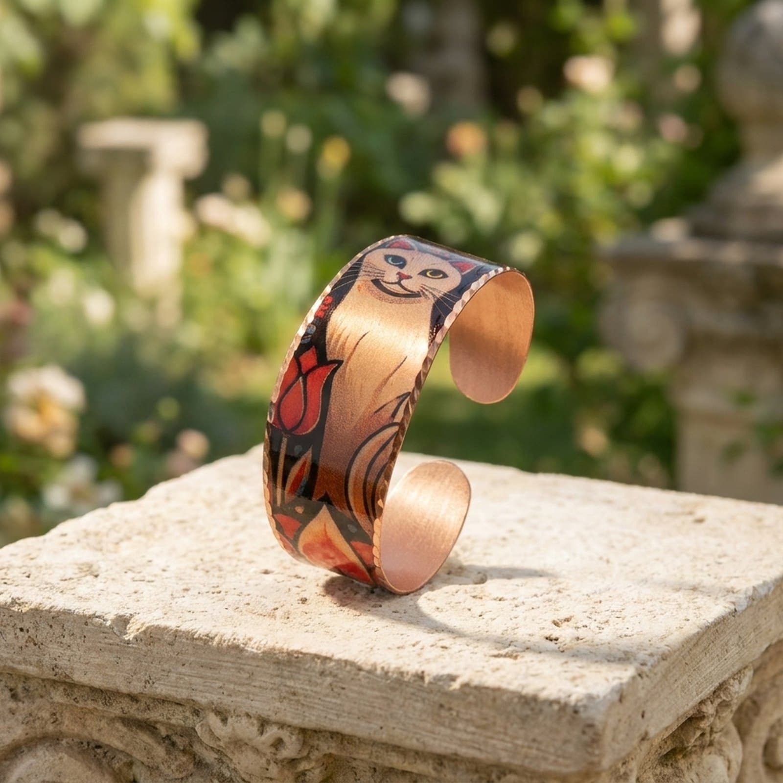 Kalın Bakır Bileklik - Fauna Kedi Çiçek Desen Model 063 - 4