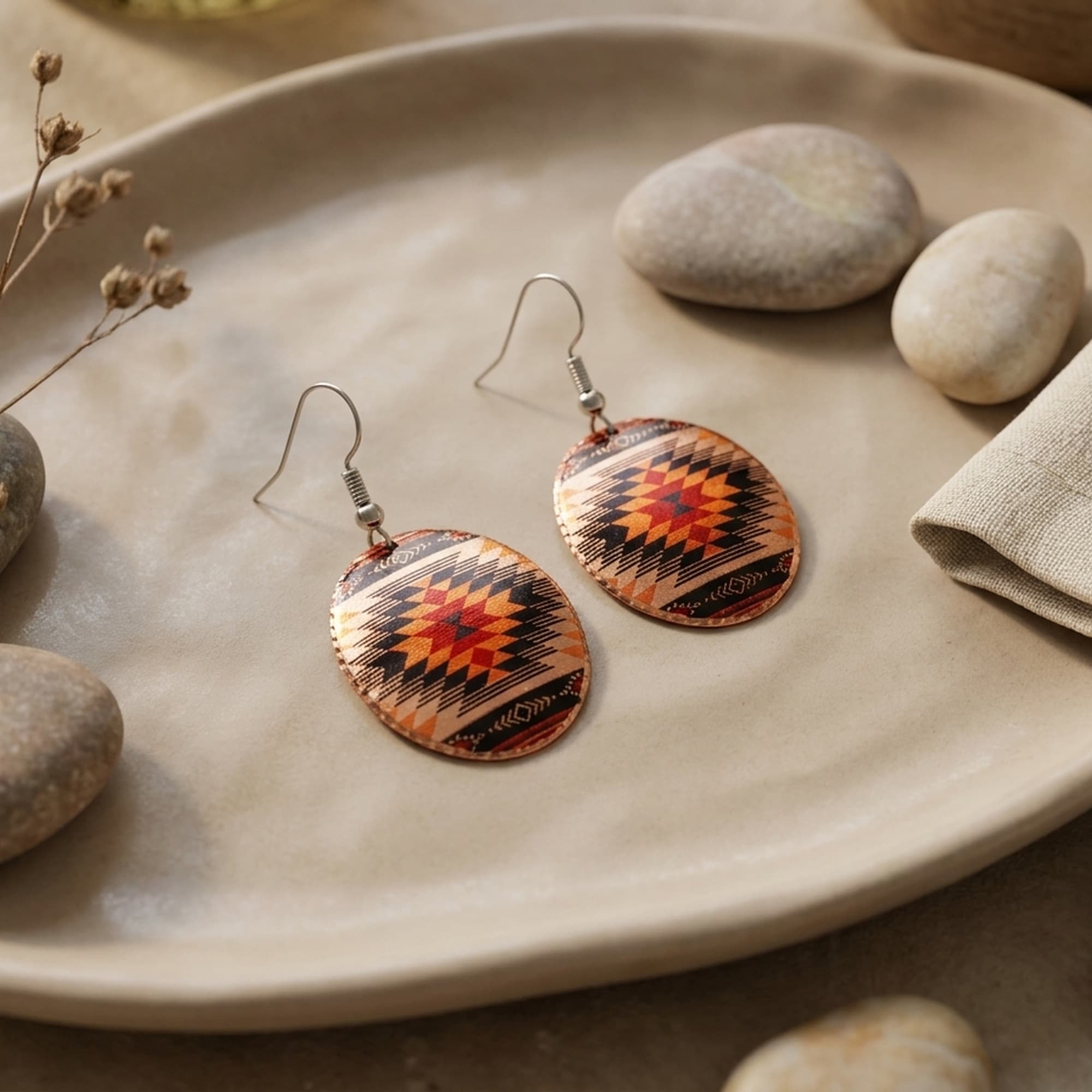Kilim Desenli El Yapımı Bakır Küpe