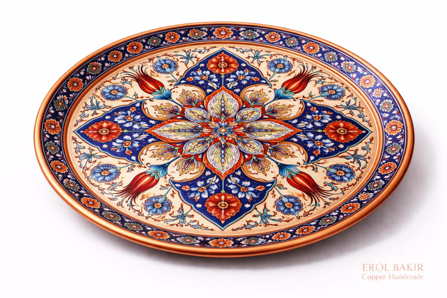 Osmanlı Çiçek Desenli El Dövme Bakır Plak - 5